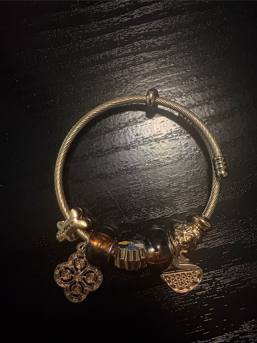 Gold-Tone Charm Bangle Bracelet with Floral and Basket Charms